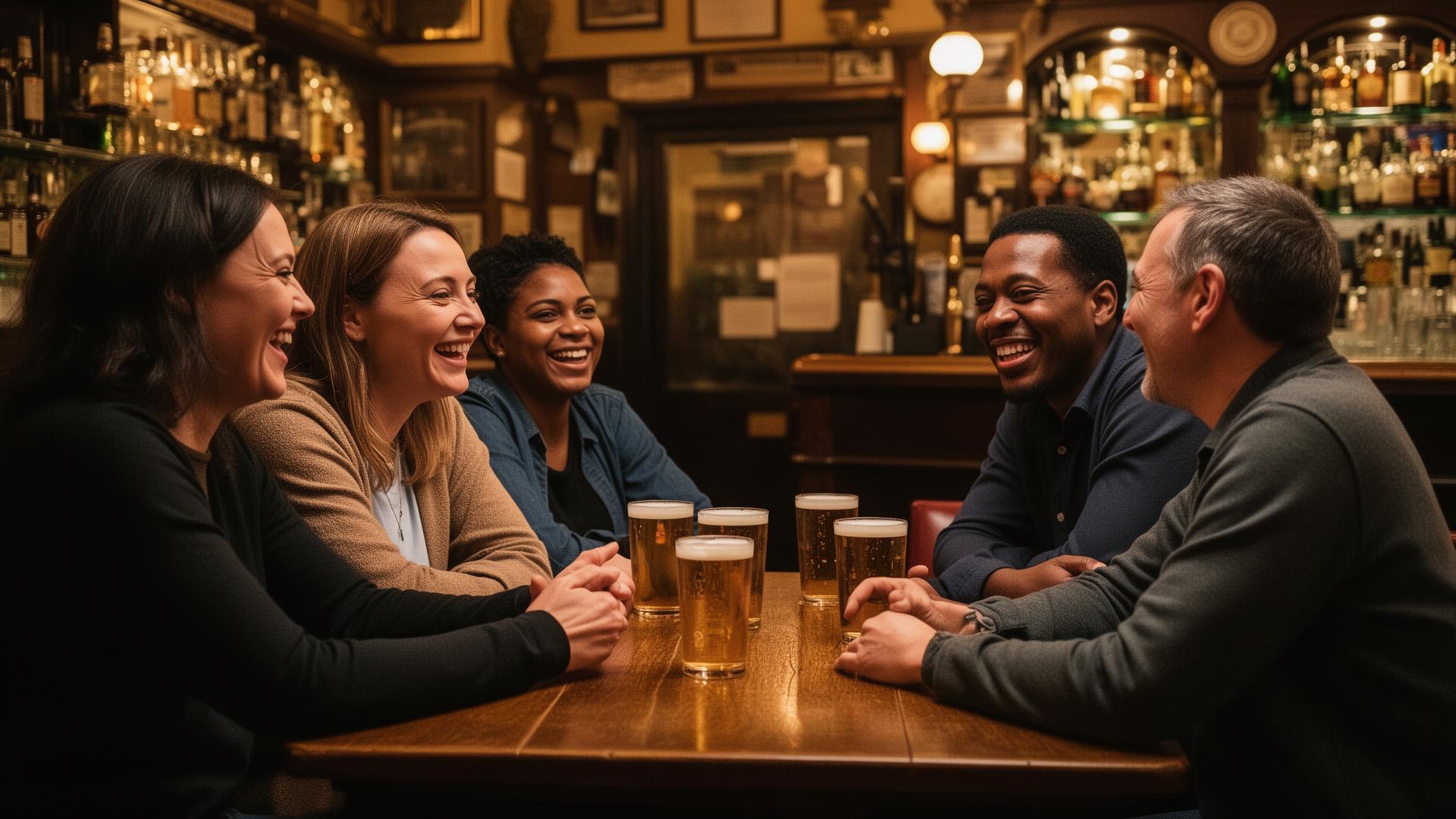 AI builders talking over pints in a warm Soho pub